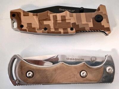 B&ouml;ker Magnum And Sheffield Folding Knives, Drop Point, Wood & Camo Handle, 3.5" Blade