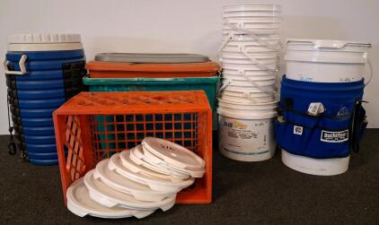 Assorted 5-Gallon Food-Grade Buckets, Lids, Tool Organizer, Coolers, Crate & Totes