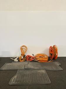 Large Lot of Extension Cords With Reel, Surge Protector, and 4 Heavy-Duty Rubber Car Floor Mats