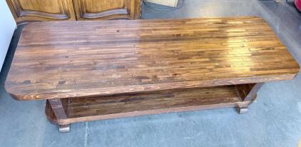 Block Wood Coffee Table, 60"x18", Lower Shelf, Rounded Corners, Gloss Finish