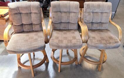 Set of 3 Vintage Oak Swivel Bar Stools with Padded Fabric Seats and Armrests