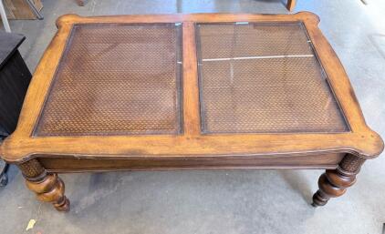 Vintage Cane & Glass Coffee Table with Turned Wooden Legs, Woven Accent, Approx. 48"x28"x18"