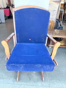 Wooden Glider Rocking Chair with Blue Upholstered Cushions, Hardwood Frame, 40" Tall