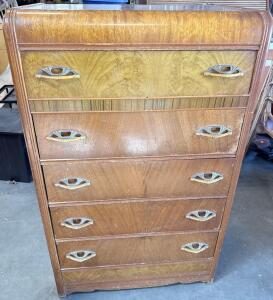 Vintage 1930s Art Deco Waterfall Dresser, 5 Drawers, Original Hardware, Curved Top Edge