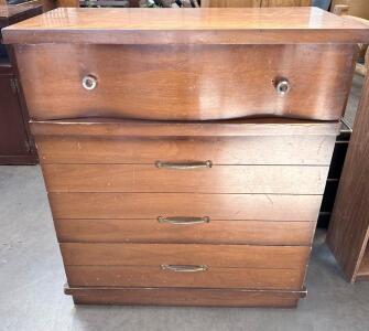 Mid-Century 5-Drawer Wooden Dresser, Brass Pulls, Curved Top Drawer, 36"x18"x44"