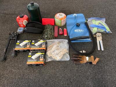 Mixed Camping Survival Gear Lot &ndash; Esbit, Coleman, MSR Fuel, Tools, Utensils, Hydration, Goggles