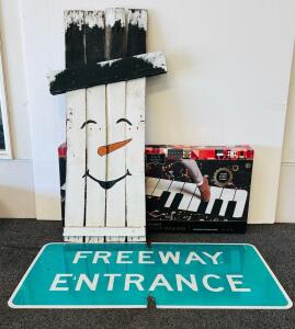 Freeway Entrance Highway Traffic Sign 48"x24" Aluminum Retroreflective Green White, Wooden Snowman Yard Decor, and Giant Dance Mat Piano (New in Box)