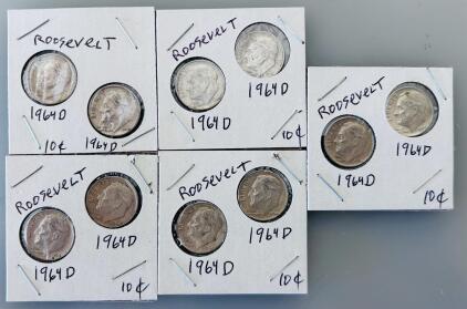 (10) 1964-D Roosevelt Dimes, 90% Silver, Denver Mint, Circulated, Lot In 2x2 Holders