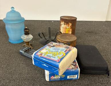 Vintage Mixed Lot: Blue Glass Apothecary Jar, Oil Lamp, CelluClay, Coffee Tins, Digipower Charger