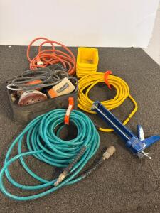 Assorted Power Tools Lot: Extension Cords, Air Hose, Sanders, Caulking Gun, Tool Bag