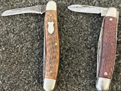 Vintage Folding Pocket Knives with Jigged Bone Handles and Slip Joint Mechanism