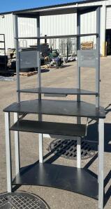 Corner Computer Desk, Metal Frame, Black Shelves, 47&rdquo; Wide, 4 Shelves, Keyboard Tray