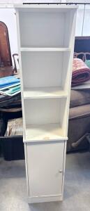 Tall Narrow White Shelving Cabinet With Lower Door, Approx. 63.4" H x 12.9" W x 11.7" D