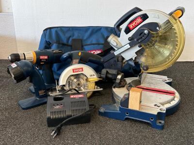 Ryobi 18V Cordless Combo Kit - Miter Saw, Circular Saw, Drill, Light, Charger & Bag (No Battery Unable To Test)