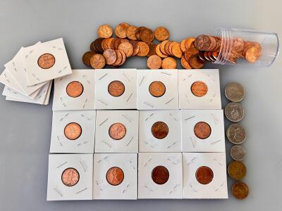 US Lincoln Cents, Canadian Quarters & Nickels, $20 Coin, Holders & Tube