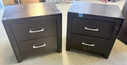 Pair of Two-Drawer Dark Brown Nightstands with Silver Metal Handles