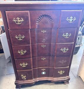 Mid-Century Chippendale Highboy Dresser, 9 Drawers, Shell Motif, Brass Hardware, 52" Tall