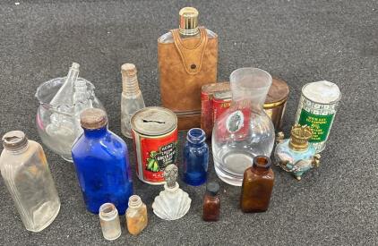 Vintage Bottle & Collectibles Lot &ndash; Apothecary, Perfume, Tin Bank, Oil Lamp, Mississippi Mud Jug