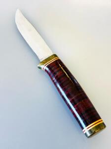 OBAR Fixed-Blade Hunting Knife, 4.25" Clip Point, Stacked Leather Handle, Brass Guard, USA