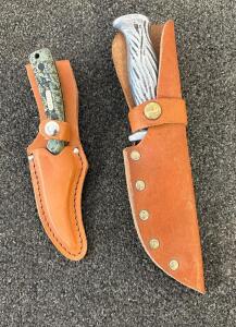 Schrade Old Timer Fixed Blade Hunting Knife & Unmarked Bowie Knife With Leather Sheaths
