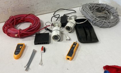 (2) Security Cameras, Cables, Poe Switch, & Wire Tracker
