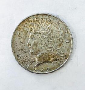1922 Peace Silver Dollar, Philadelphia, 90% Silver, Liberty Design, Heavily Circulated