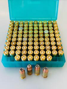 100 Reloaded .45 ACP Ammo, 185Gr Hornady XTP JHP, Bullseye 6.0Gr, Mixed Brass, LP Primers