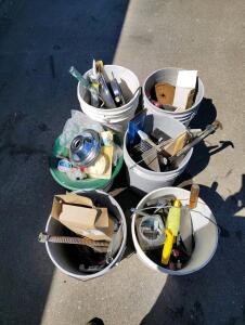 Assorted Construction & Plumbing Tools, Ryobi Manual, 6 Buckets, Trowels, Parts And More