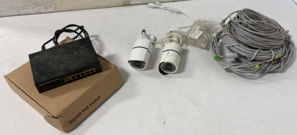 (2) Security Cameras, Gigabit Poe Switch, & Plenty Of Wire