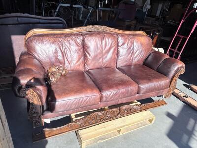 Traditional Ornate Leather Sofa, 3-Seater, Carved Wood Frame, Removable Legs, Brown