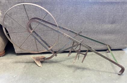 Antique Steel Hand-Push Garden Plow Cultivator, Large 24" Spoked Wheel, Single Blade