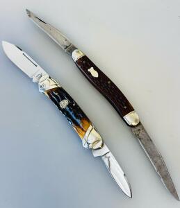 Vintage Colt And Schrade Walden Folding Pocket Knives With Jigged Bone Handles