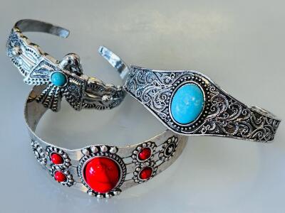 Southwestern Cuff Bracelet Set, Silver Tone, Turquoise & Red Cabochons, Thunderbird & Floral Motifs