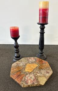 Custom Agate & Jasper Resin Tabletop, Octagonal, 1976, Walter Schneider, Oregon, w/Candle Holders