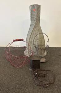 Vintage Basket Lot: Wicker Vase, Red Wire Basket, Bulbous Wire Basket, Punched Tin Lantern