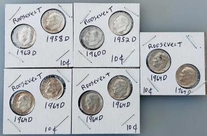10x Roosevelt Dime - 1952D, 1958D, 1960D, 1962D, 1964D, 90% Silver, Denver Mint, Circulated