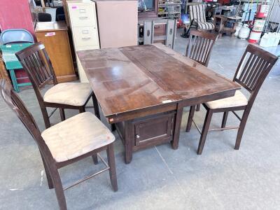Counter Height Dining Table Set With Storage Cabinet, 4 Slat-Back Chairs, Dark Espresso Brown