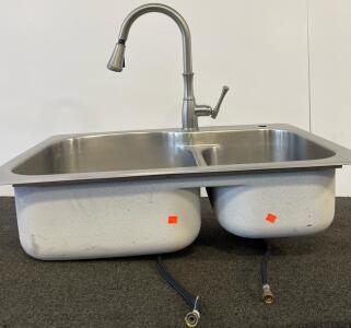 Double-Basin Stainless Steel Kitchen Sink with Pull-Down Faucet, 33" x 22" x 9"