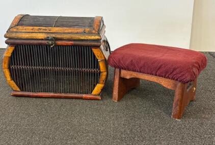 Vintage Bamboo Barrel Storage Chest with Metal Hardware & Footstool Set, Padded Burgundy Top