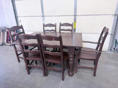 Solid Wood Farmhouse Dining Set With Ladder-Back Chairs, 72" Table, 6 Chairs (2 With Arms)