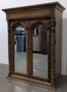 Large Wooden Armoire With Mirrored Doors, Decorative Carving, Drawer, TV Media Compartment