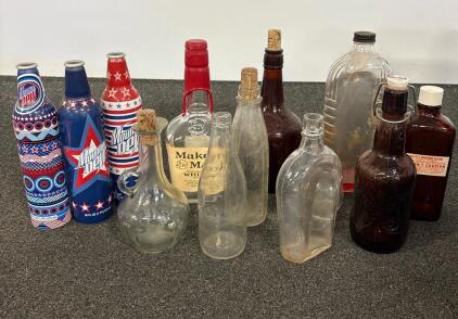 Mixed Vintage Bottle Collection & 5 Antique Railroad Spikes, Maker&rsquo;s Mark, Mountain Dew, Oil, Medicinal