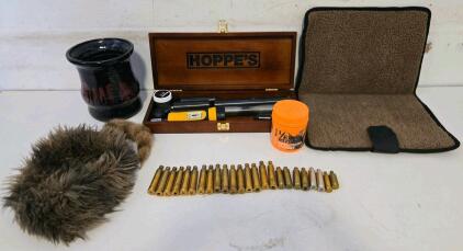 Rifle Cleaning Kit With Wheeler FAT Wrench, Hoppe&rsquo;s Case, Pad, Exploding Target, Casings