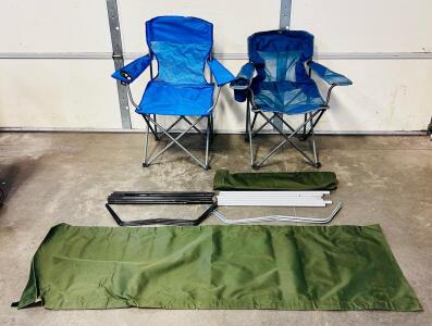 (2) Mountaineering Lightweight Cots & 2 Blue Folding Camping Chairs, Mesh Back, Cupholder