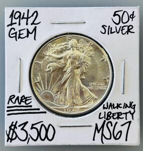 1942 Walking Liberty Half Dollar, MS-67 Grade, Philadelphia Mint
