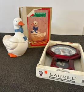 Laurel Pendulum Wall Clock Jesus Good Shepherd & Holiday Goose Cookie Jar, Boxes, Taiwan