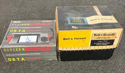 Citizen 3.5" LCD TV/FM Stereo Model 08TA & Bell & Howell Auto-8 Explorer 8mm Turret Camera