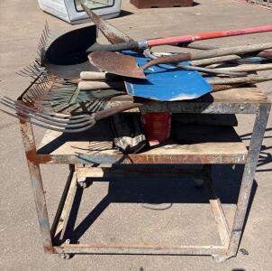 Assorted Garden Hand Tools (10+) With Rusty Steel Utility Cart 36"x24", Wood Shelves