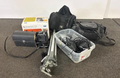 Mixed Photography & Video Lot: HP Photosmart 735, Sharp Camcorder, Ion FILM2SD, Tripod, Binoculars