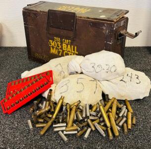 .303 British, .357 Magnum, .243 Win, .30-30 Win Fired Brass W/ Surplus Ammo Box